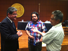 Lorenzo Oropeza, CRLA Santa Rosa Indigenous Program Community Worker (right) and, Gervacio Peña, a Santa Rosa Mixteco community leader (center) provided testimony in Mixteco and Spanish at the hearing about the importance of providing indigenous language interpreters to the courts. They are pictured with Judge Manuel Covarrubias of the Ventura County Superior Court, Co-Chair of the Joint Working Group on California’s Language Access Plan (center).