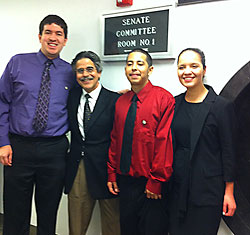 CRLA Staff Attorney Patrick Saldana, CRLA Executive Director, Jose Padilla, client Jesse C and CRLA Staff Attorney Franchesca Gonzalez outside the Assembly Education Committee room waiting to testify.